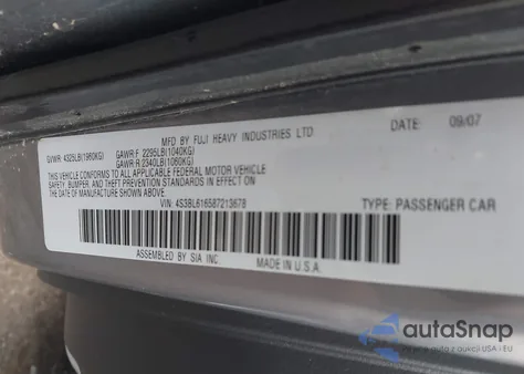 2008 Subaru Legacy 2.5I from USA, damaged, VIN 4S3BL616587213678